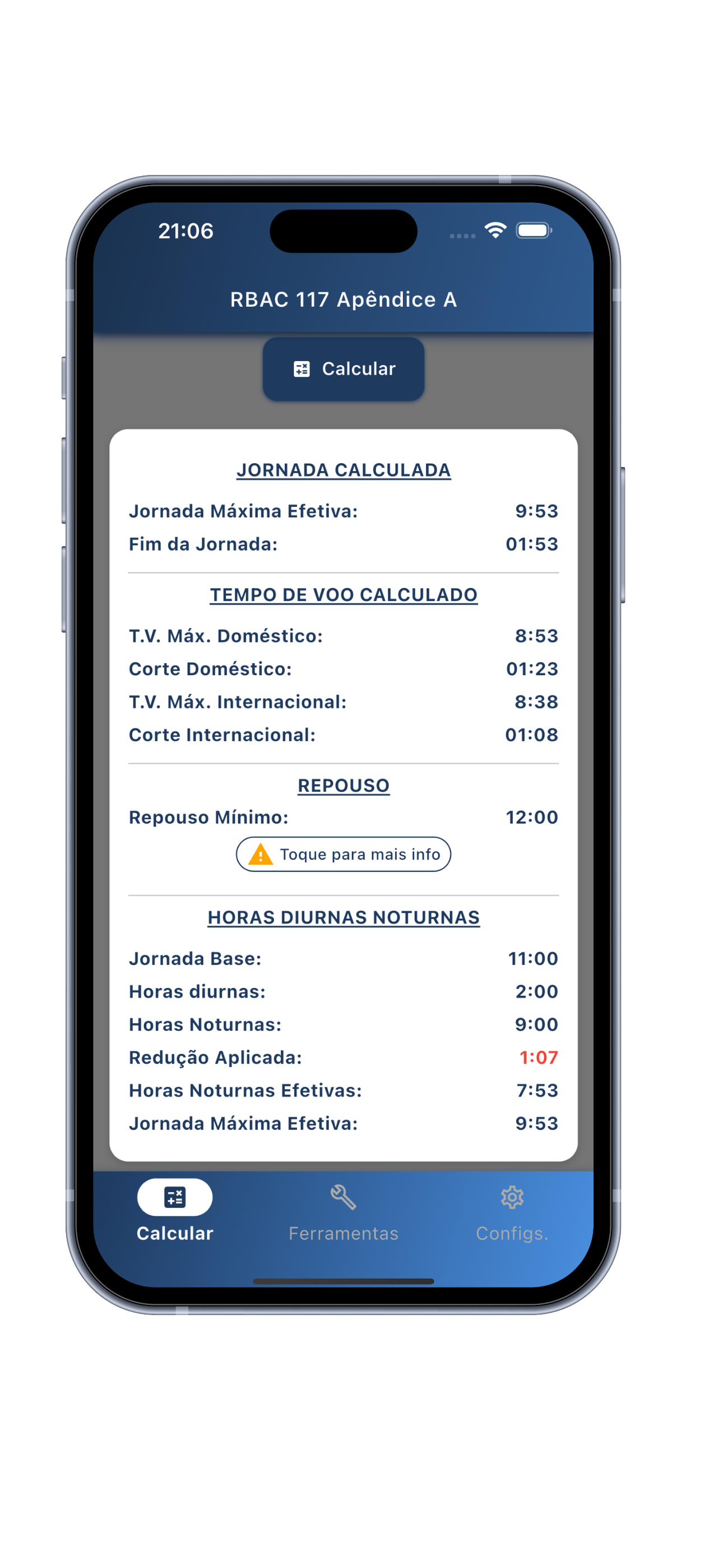 Tela de cálculo de jornada do Vektor Aero Comply